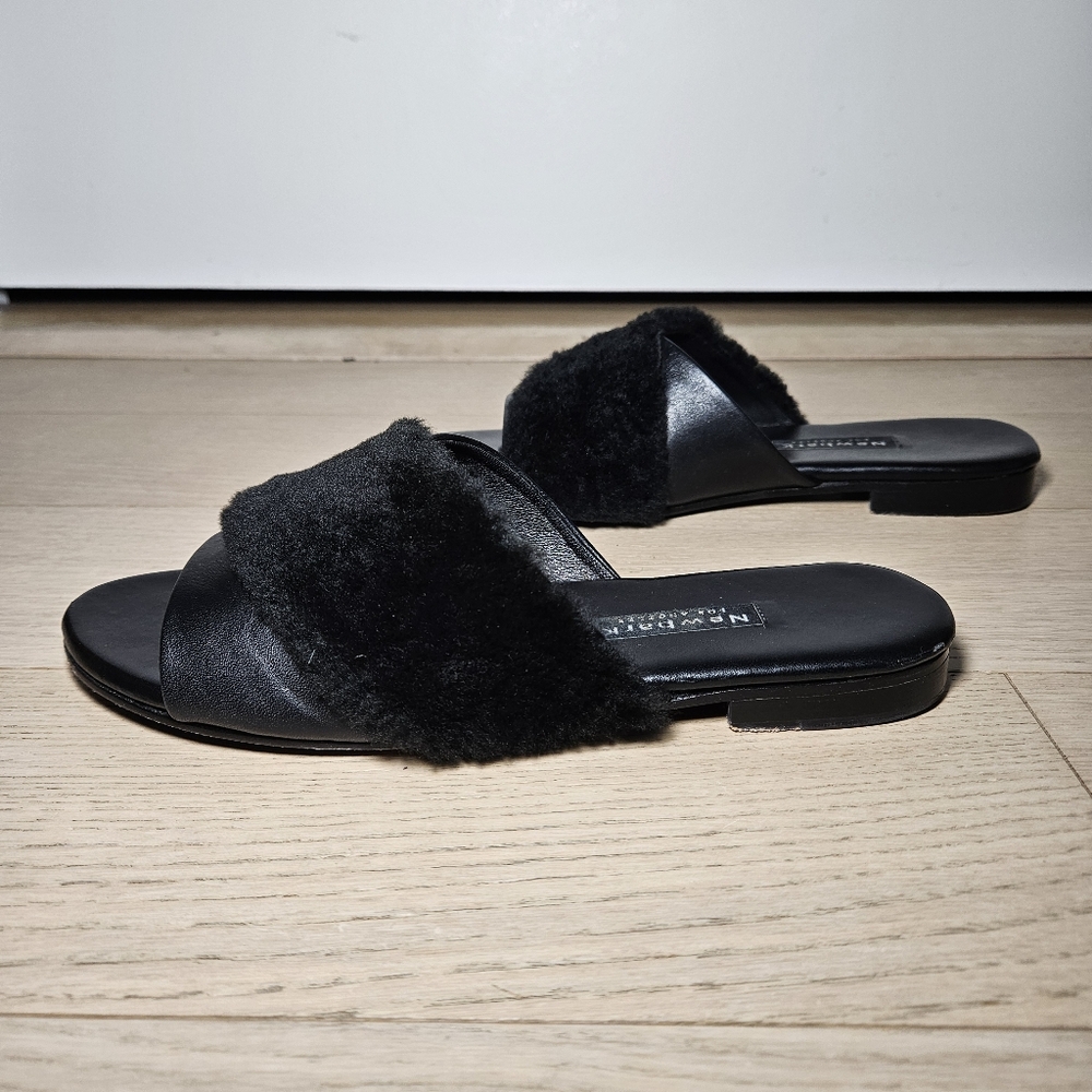 Newbark Women's Size 10 Yasmin Leather Shearling Slide Flat Sandal Black - Picture 5 of 11